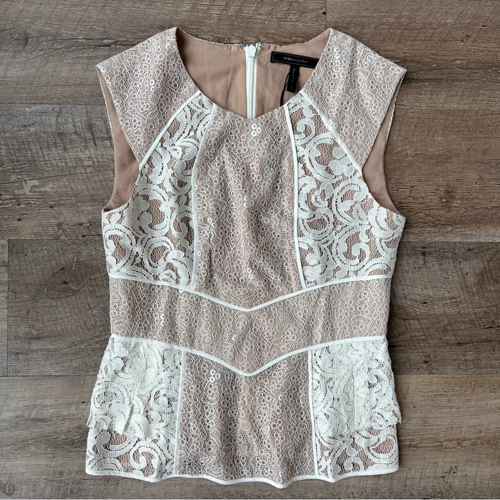 BCBG MaxAzria Lace Overlay Blouse in Cream and Tan